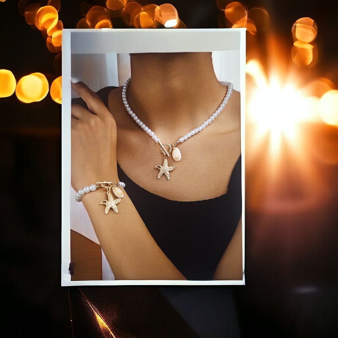 CONJUNTO PÉROLAS COLAR E PULSEIRA PINGENTES